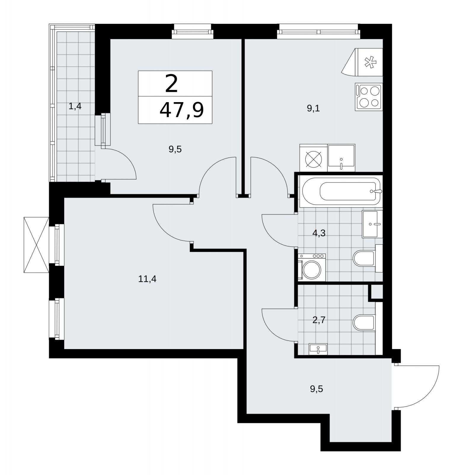 2-комнатная квартира без отделки, 47.9 м2, 2 этаж, сдача 1 квартал 2026 г., ЖК Прокшино, корпус 11.2.1 - объявление 2269896 - фото №1