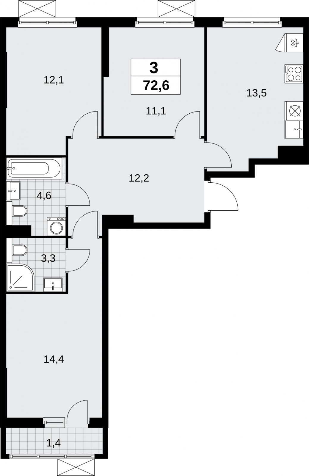 3-комнатная квартира без отделки, 72.6 м2, 6 этаж, сдача 2 квартал 2026 г., ЖК Бунинские кварталы, корпус 9.1 - объявление 2324109 - фото №1