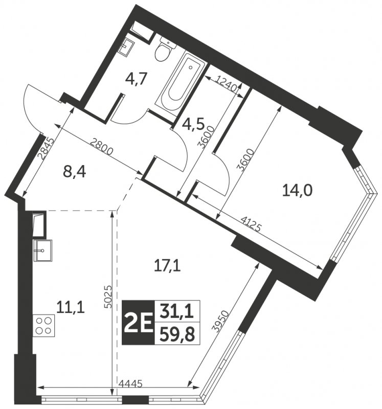 2-комнатная квартира с частичной отделкой, 59.8 м2, 2 этаж, сдача 4 квартал 2023 г., ЖК Архитектор, корпус 1 - объявление 1696612 - фото №1