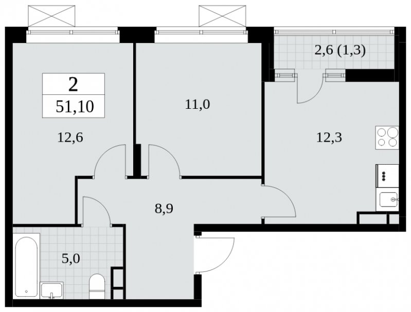 2-комнатная квартира без отделки, 51.1 м2, 5 этаж, сдача 3 квартал 2024 г., ЖК Прокшино, корпус 8.4 - объявление 2371968 - фото №1