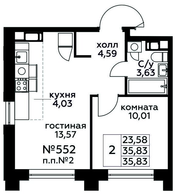 2-комнатная квартира (евро) с полной отделкой, 35.83 м2, 19 этаж, сдача 3 квартал 2024 г., ЖК МелисСад, корпус 1 - объявление 1893301 - фото №1