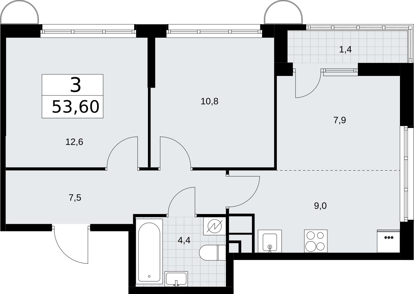3-комнатная квартира (евро) с полной отделкой, 53.6 м2, 3 этаж, сдача 4 квартал 2026 г., ЖК Родные кварталы, корпус 3.2 - объявление 2378367 - фото №1