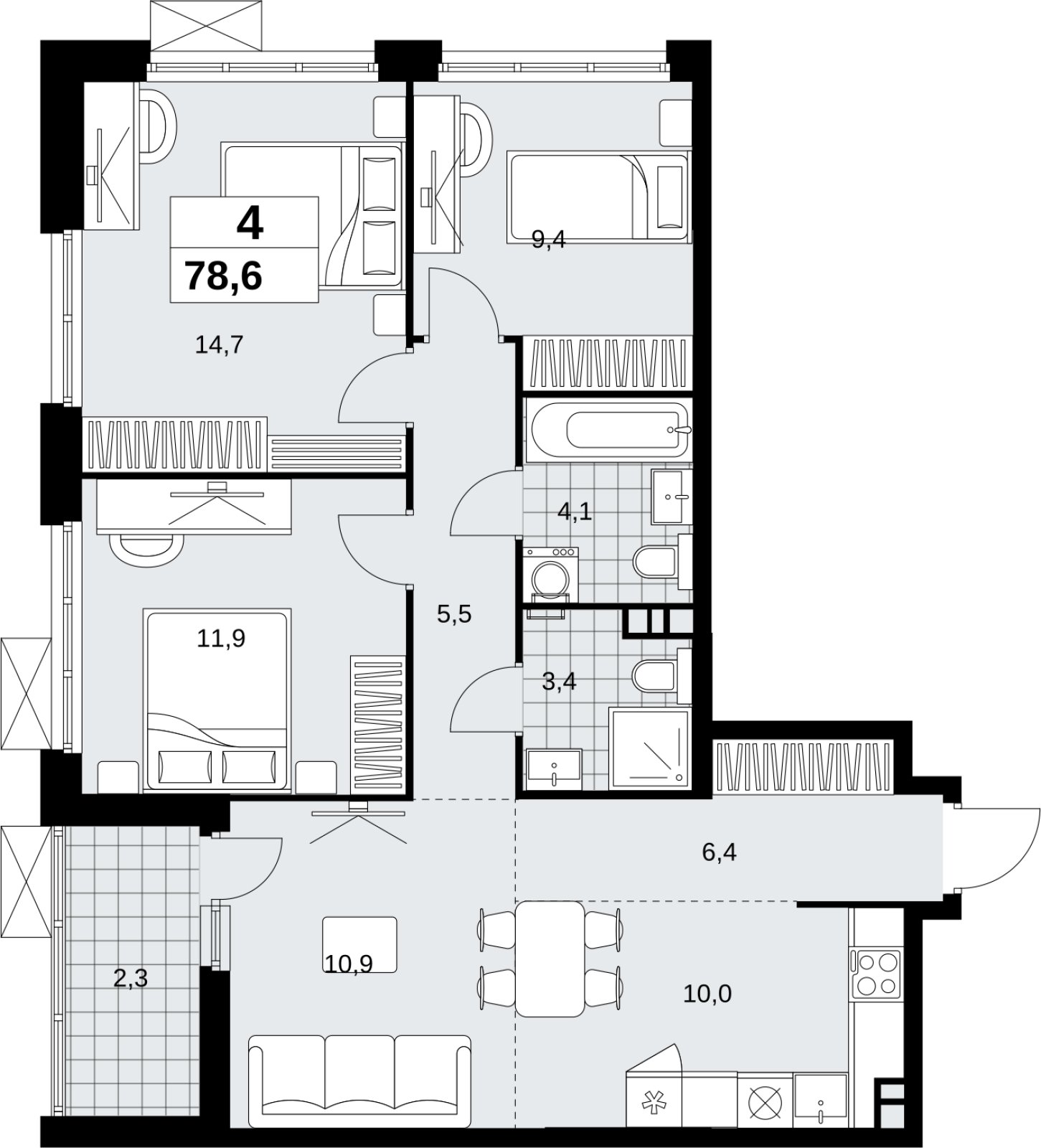 4-комнатная квартира (евро) с полной отделкой, 78.6 м2, 3 этаж, сдача 1 квартал 2027 г., ЖК Скандинавия, корпус 2.18.2.3 - объявление 2351332 - фото №1