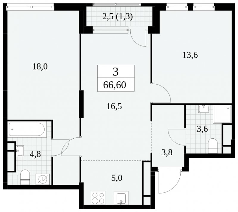 3-комнатная квартира (евро) без отделки, 66.6 м2, 20 этаж, сдача 2 квартал 2025 г., ЖК Южные сады, корпус 2.3 - объявление 1758243 - фото №1