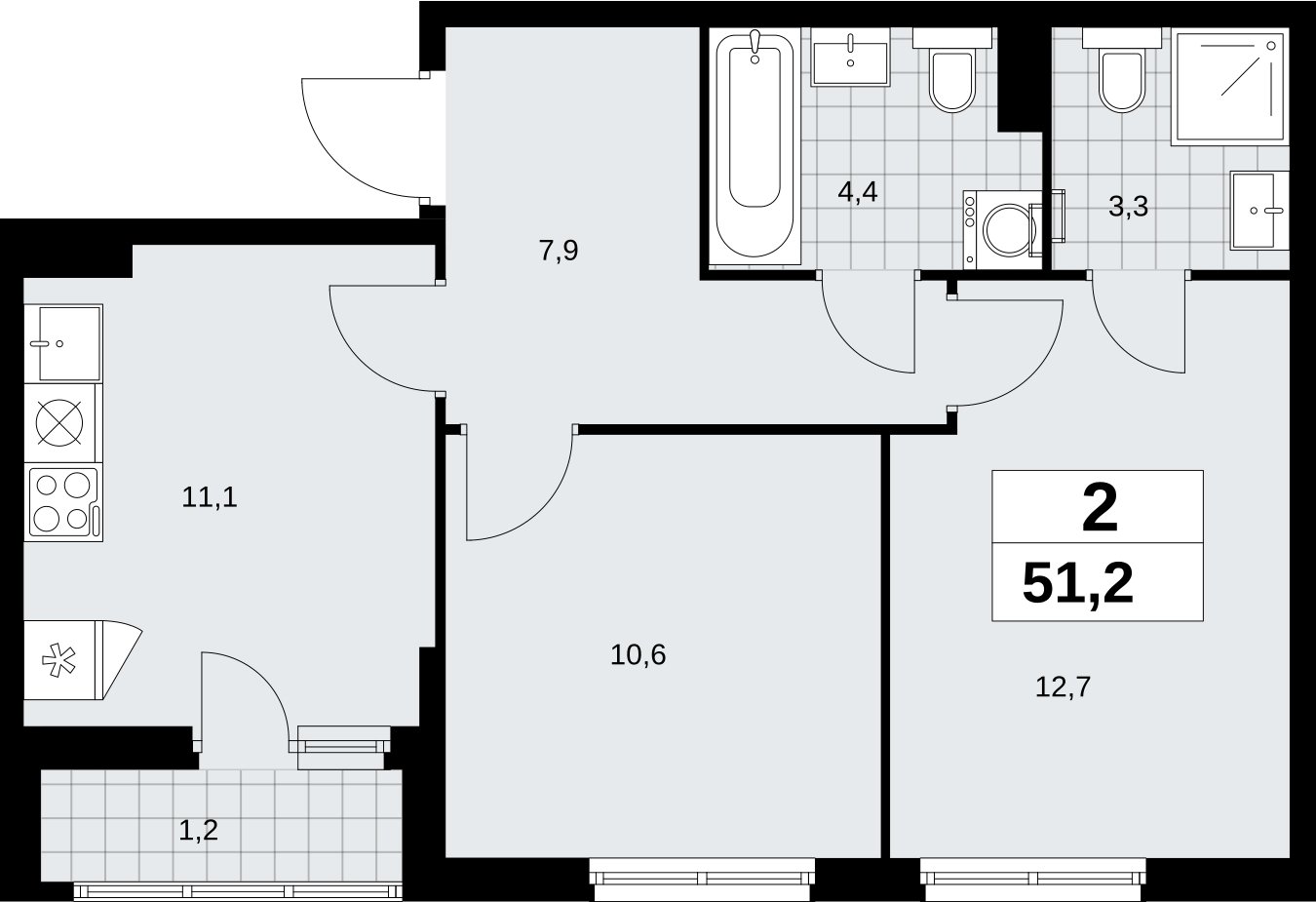 2-комнатная квартира без отделки, 51.2 м2, 4 этаж, сдача 2 квартал 2026 г., ЖК Дзен-кварталы, корпус 6.1.1 - объявление 2327091 - фото №1