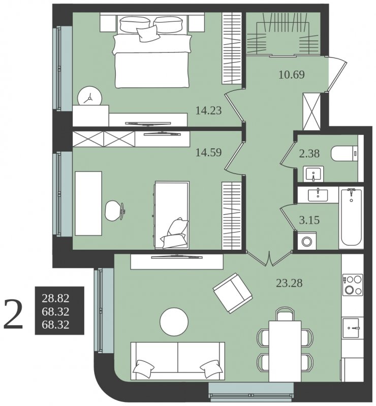 2-комнатная квартира без отделки, 68.32 м2, 1 этаж, сдача 1 квартал 2024 г., ЖК Мишино-2, корпус 8 - объявление 1748211 - фото №1
