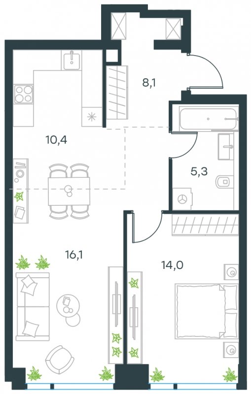 2-комнатная квартира (евро) без отделки, 53.9 м2, 31 этаж, сдача 4 квартал 2024 г., ЖК Level Мичуринский, корпус 4 - объявление 1635517 - фото №1