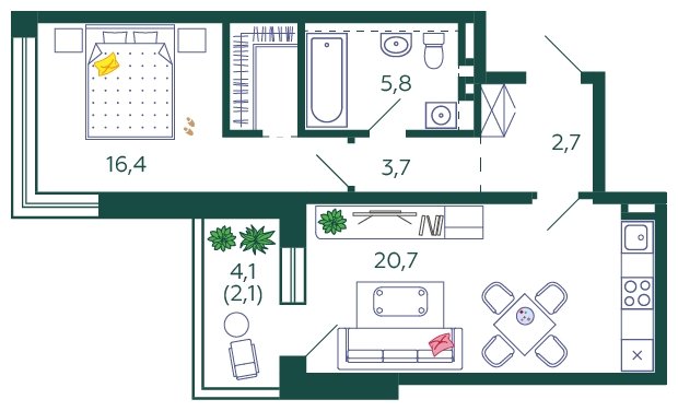 1-комнатная квартира без отделки, 51.4 м2, 18 этаж, сдача 4 квартал 2023 г., ЖК SHAGAL, корпус 1.1 - объявление 1711775 - фото №1