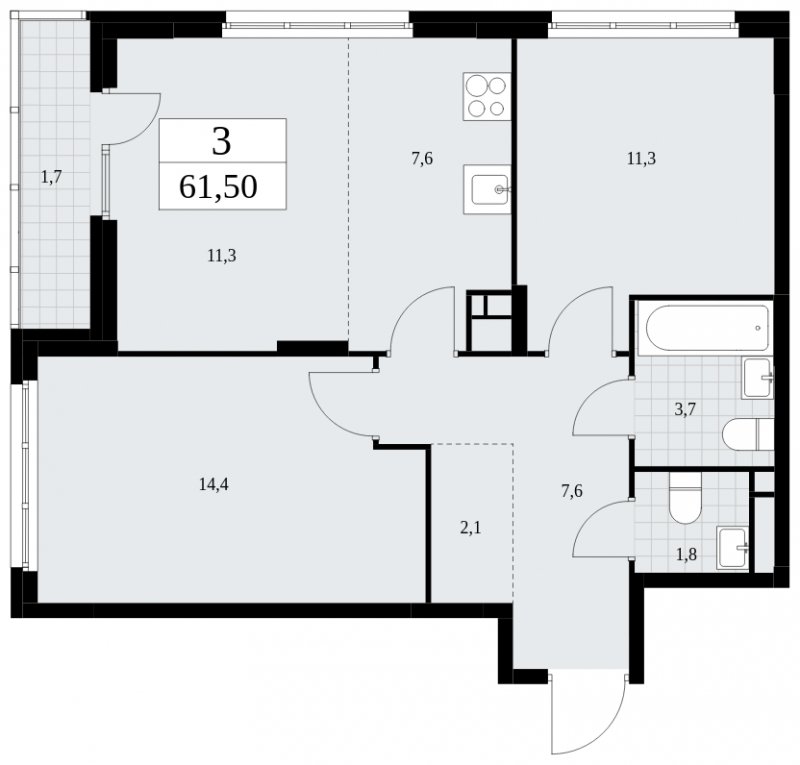 3-комнатная квартира (евро) без отделки, 61.5 м2, 15 этаж, сдача 4 квартал 2024 г., ЖК Скандинавия, корпус 36.2.2 - объявление 1780045 - фото №1