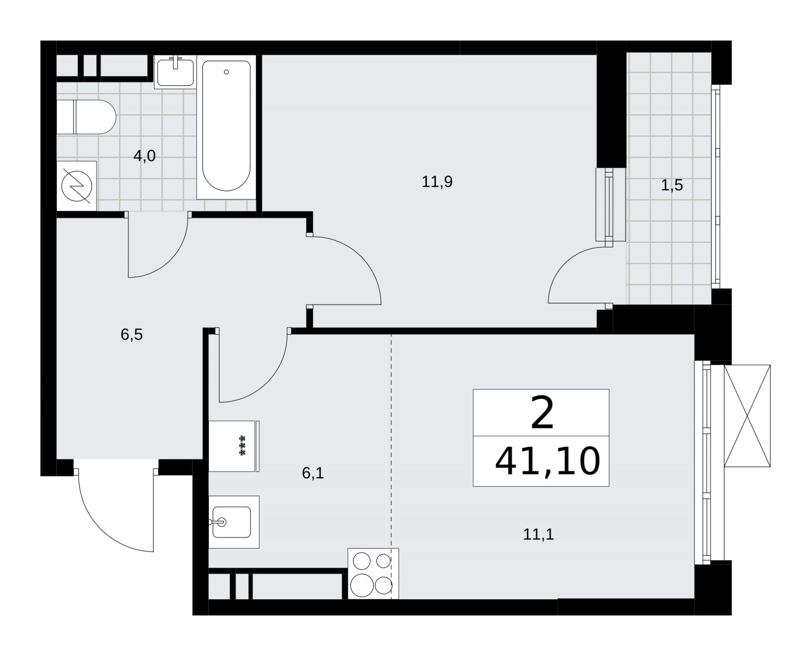 2-комнатная квартира (евро) без отделки, 41.1 м2, 16 этаж, сдача 3 квартал 2025 г., ЖК Скандинавия, корпус 28.2 - объявление 2202431 - фото №1