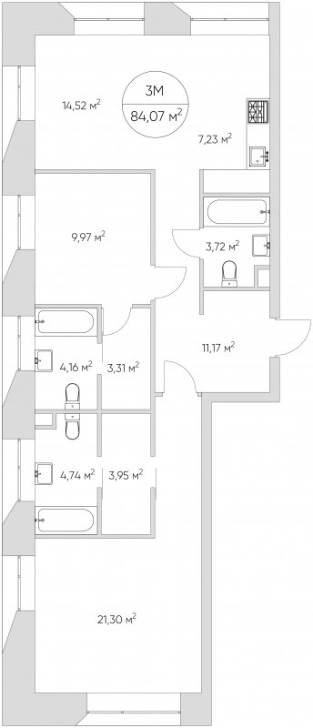 3-комнатные апартаменты без отделки, 84.07 м2, 10 этаж, сдача 1 квартал 2024 г., ЖК N'ICE LOFT, корпус 1 - объявление 1768324 - фото №1