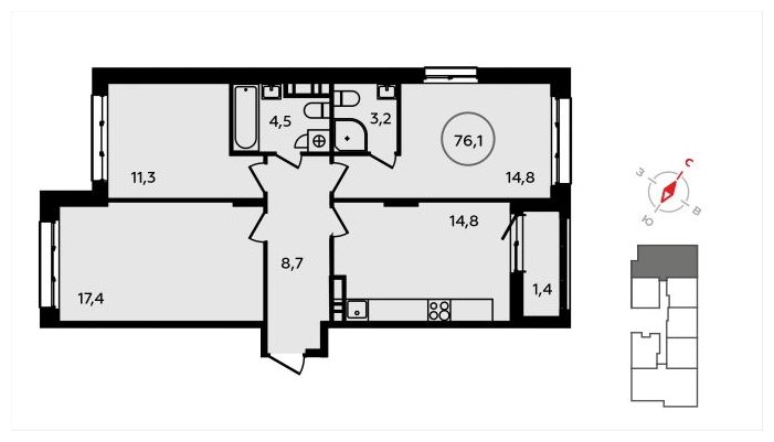 3-комнатная квартира с частичной отделкой, 76.1 м2, 8 этаж, сдача 3 квартал 2024 г., ЖК Скандинавия, корпус 2.22.3 - объявление 1625586 - фото №1