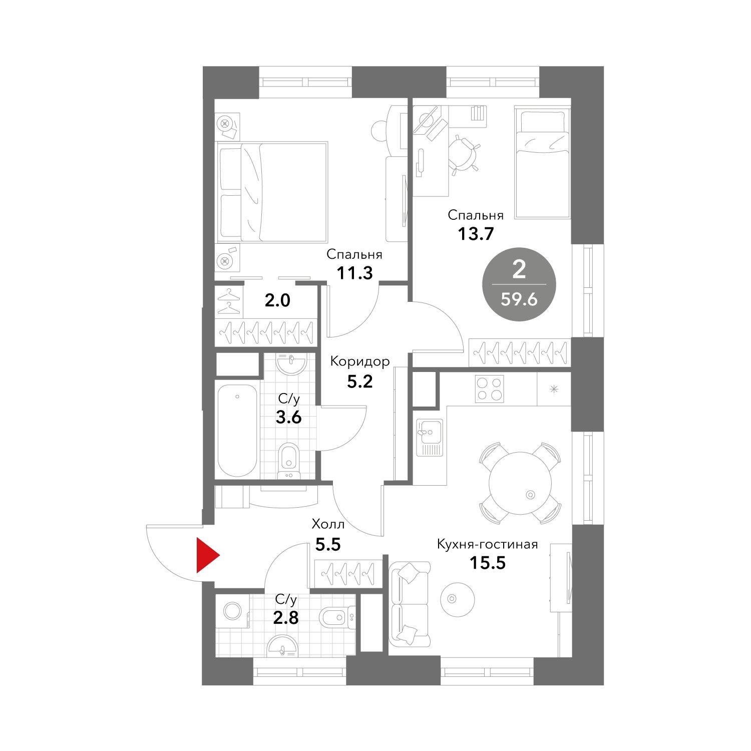 2-комнатные апартаменты без отделки, 59.6 м2, 15 этаж, сдача 3 квартал 2025 г., ЖК VOXHALL, корпус 4 - объявление 2015942 - фото №1