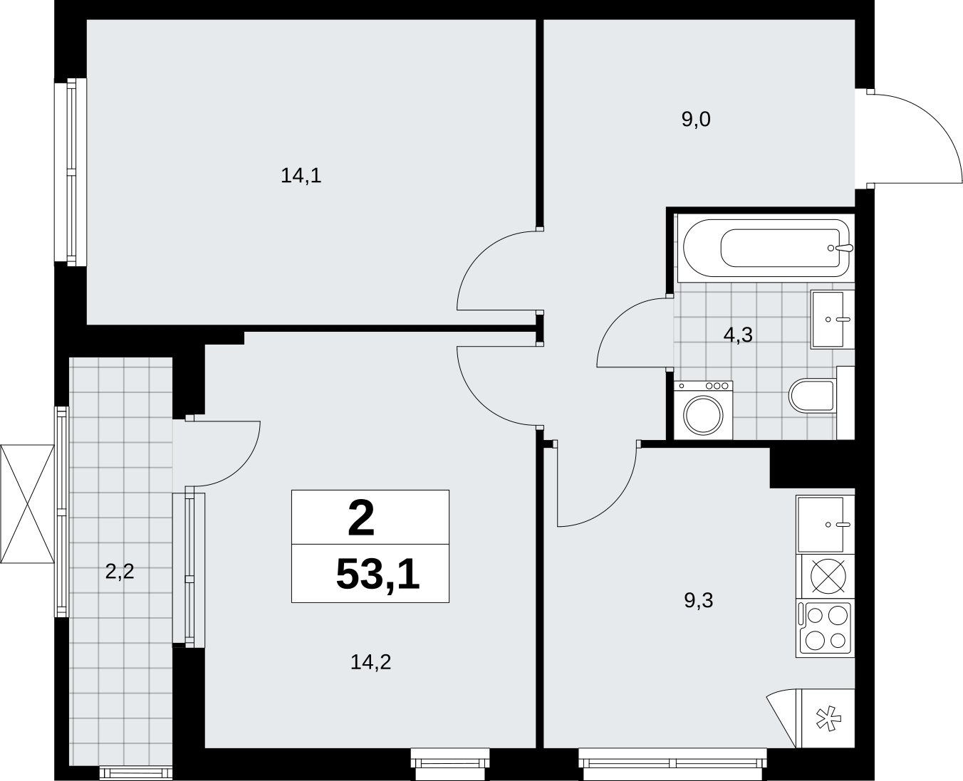 2-комнатная квартира без отделки, 53.1 м2, 6 этаж, сдача 2 квартал 2026 г., ЖК Бунинские кварталы, корпус 9.4 - объявление 2324513 - фото №1