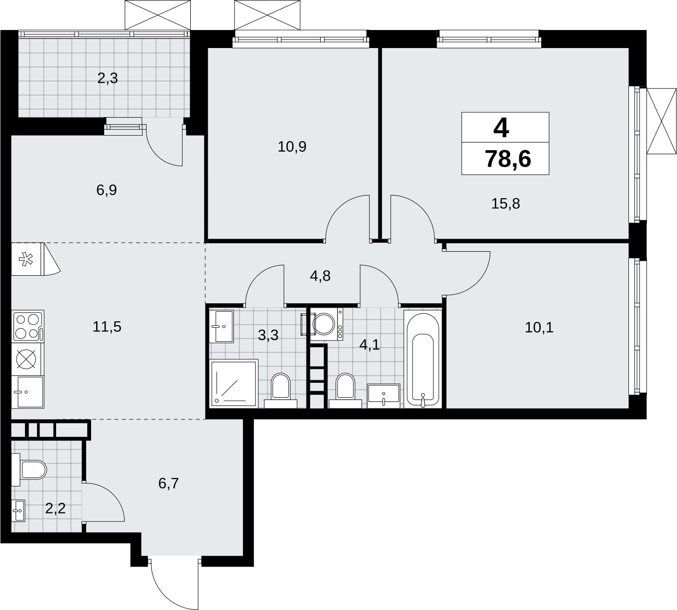 4-комнатная квартира (евро) без отделки, 78.6 м2, 4 этаж, сдача 4 квартал 2026 г., ЖК Скандинавия, корпус 2.18.1.1 - объявление 2350581 - фото №1