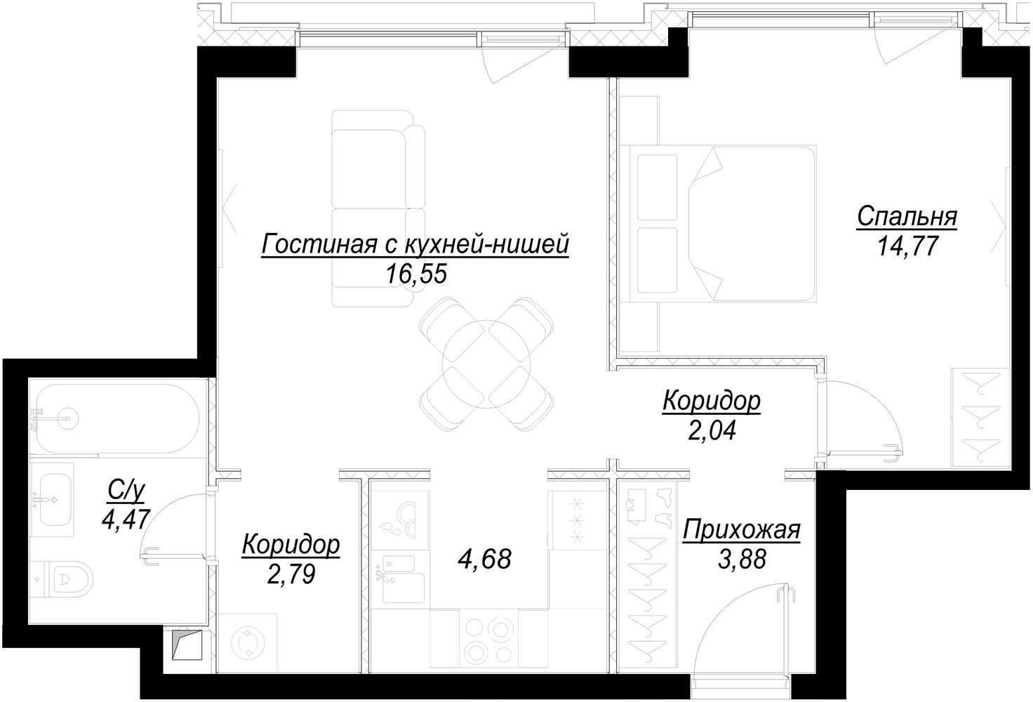 1-комнатная квартира с частичной отделкой, 49.28 м2, 30 этаж, дом сдан, ЖК Hide, корпус RiverSide - объявление 2336083 - фото №1
