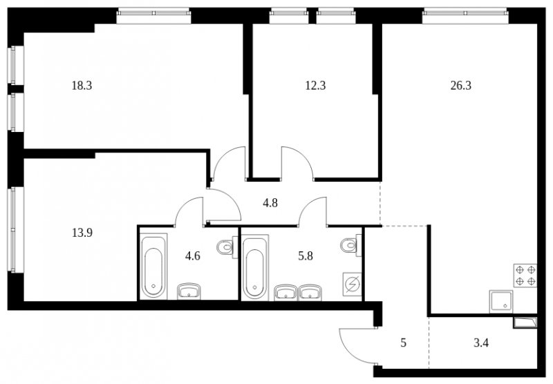 3-комнатная квартира с частичной отделкой, 94.4 м2, 8 этаж, сдача 4 квартал 2023 г., ЖК Кронштадтский 9, корпус 1.4 - объявление 1689251 - фото №1