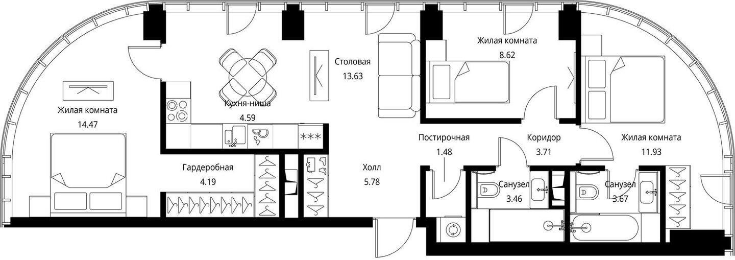 3-комнатная квартира без отделки, 75.52 м2, 2 этаж, сдача 3 квартал 2026 г., ЖК City Bay, корпус North Ocean 8 - объявление 2240598 - фото №1