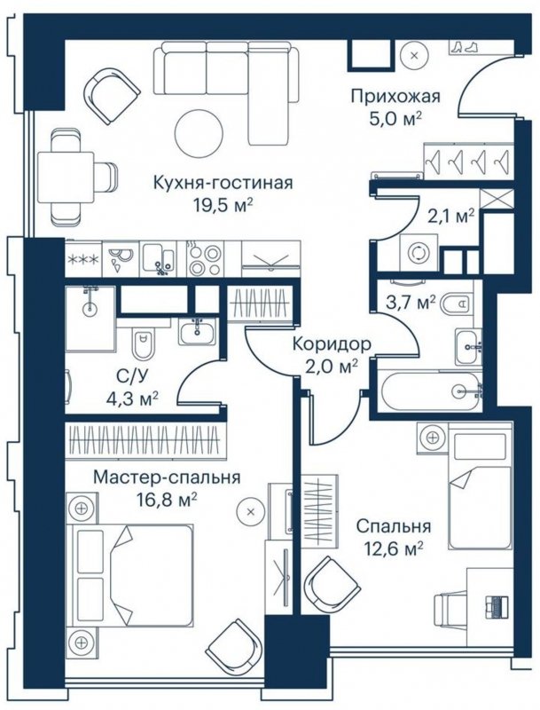 2-комнатная квартира с частичной отделкой, 66.55 м2, 16 этаж, сдача 2 квартал 2024 г., ЖК City Bay, корпус Indian Ocean 1 - объявление 1671519 - фото №1