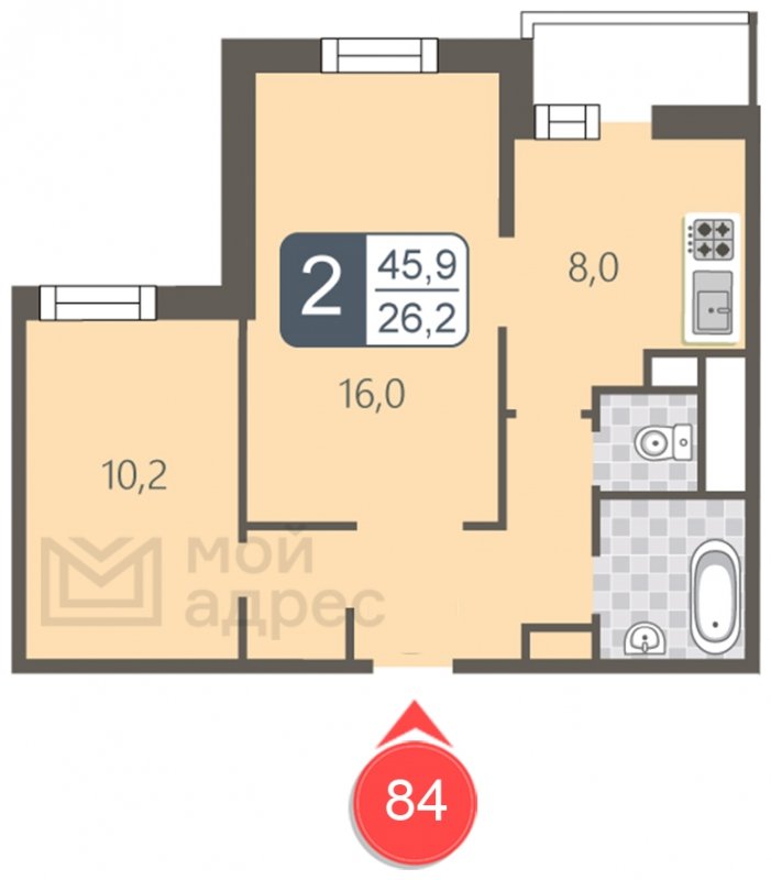 2-комнатная квартира с полной отделкой, 45.9 м2, 6 этаж, дом сдан, ЖК мой адрес В Зеленограде, корпус 2032 - объявление 1853421 - фото №1