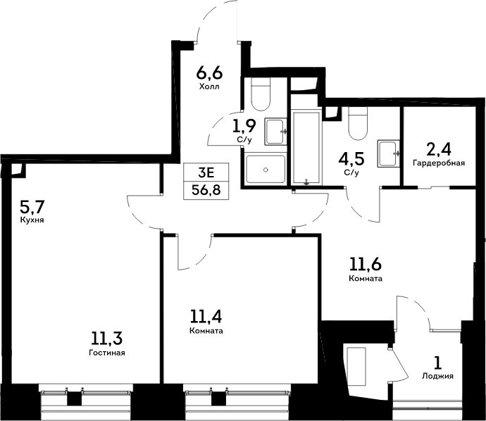 3-комнатная квартира без отделки, 56.8 м2, 9 этаж, дом сдан, ЖК Квартал на набережной NOW, корпус 1.4 - объявление 2099713 - фото №1