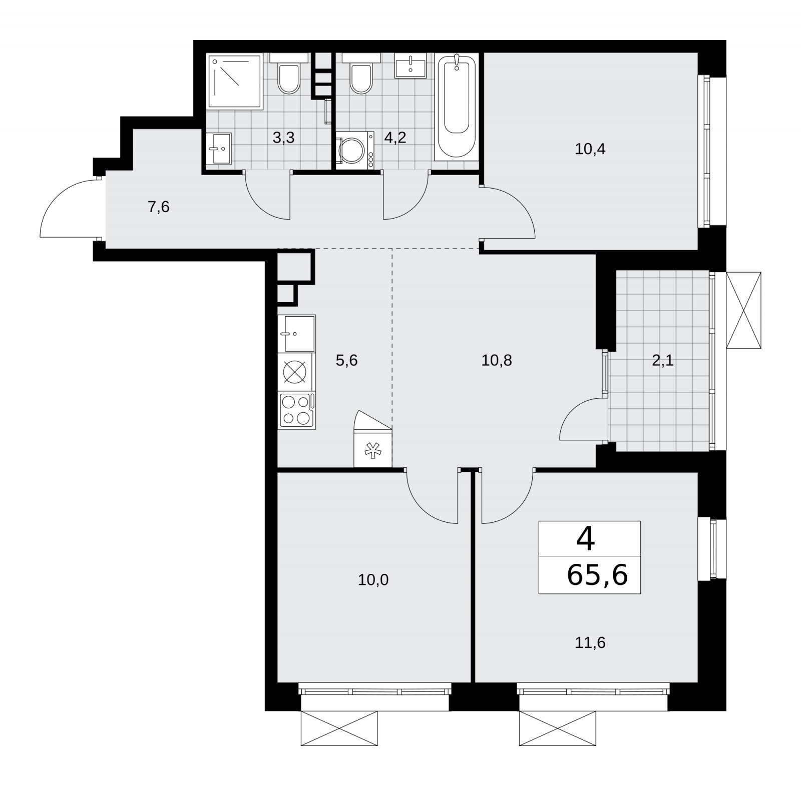 4-комнатная квартира без отделки, 65.6 м2, 4 этаж, сдача 1 квартал 2026 г., ЖК Деснаречье, корпус 4.3 - объявление 2263856 - фото №1