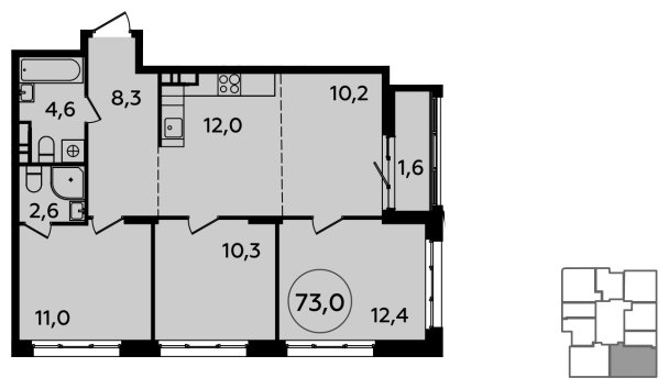 4-комнатная квартира (евро) с частичной отделкой, 73 м2, 7 этаж, сдача 1 квартал 2024 г., ЖК Скандинавия, корпус 23.2 - объявление 1514656 - фото №1