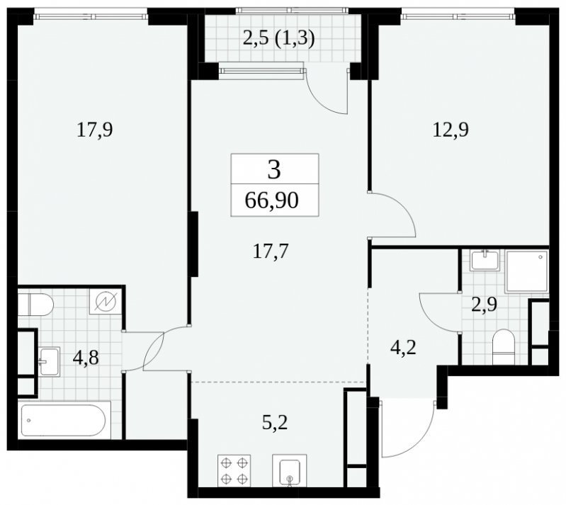 3-комнатная квартира (евро) без отделки, 66.9 м2, 23 этаж, сдача 2 квартал 2025 г., ЖК Южные сады, корпус 2.4 - объявление 1760388 - фото №1