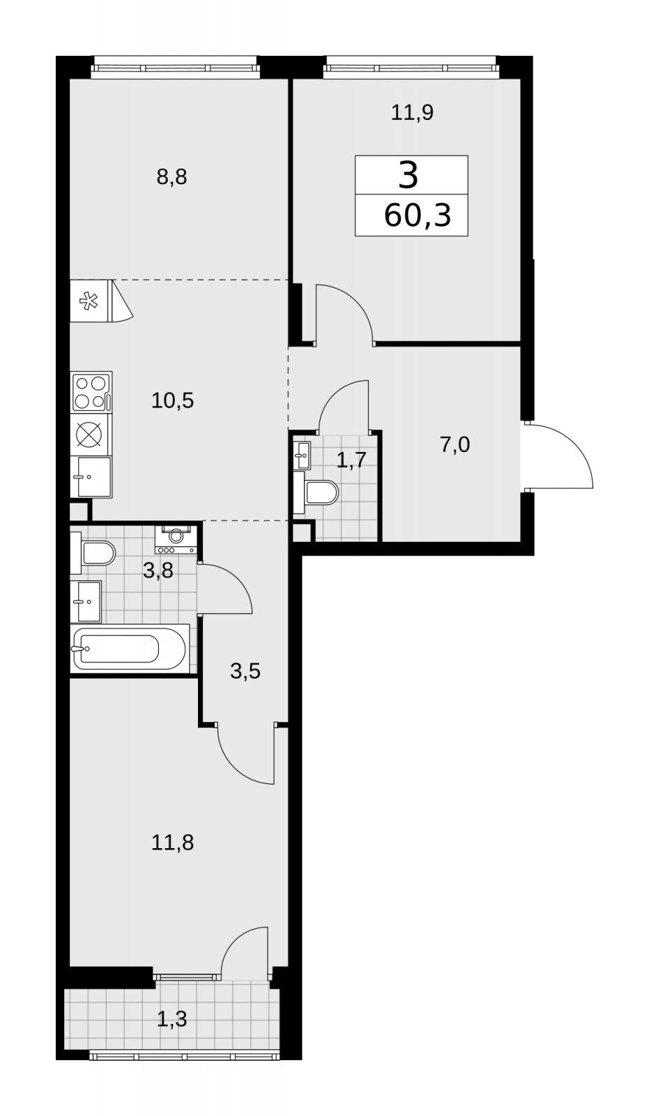 3-комнатная квартира (евро) с частичной отделкой, 60.3 м2, 2 этаж, сдача 2 квартал 2026 г., ЖК Деснаречье, корпус 4.4 - объявление 2264182 - фото №1