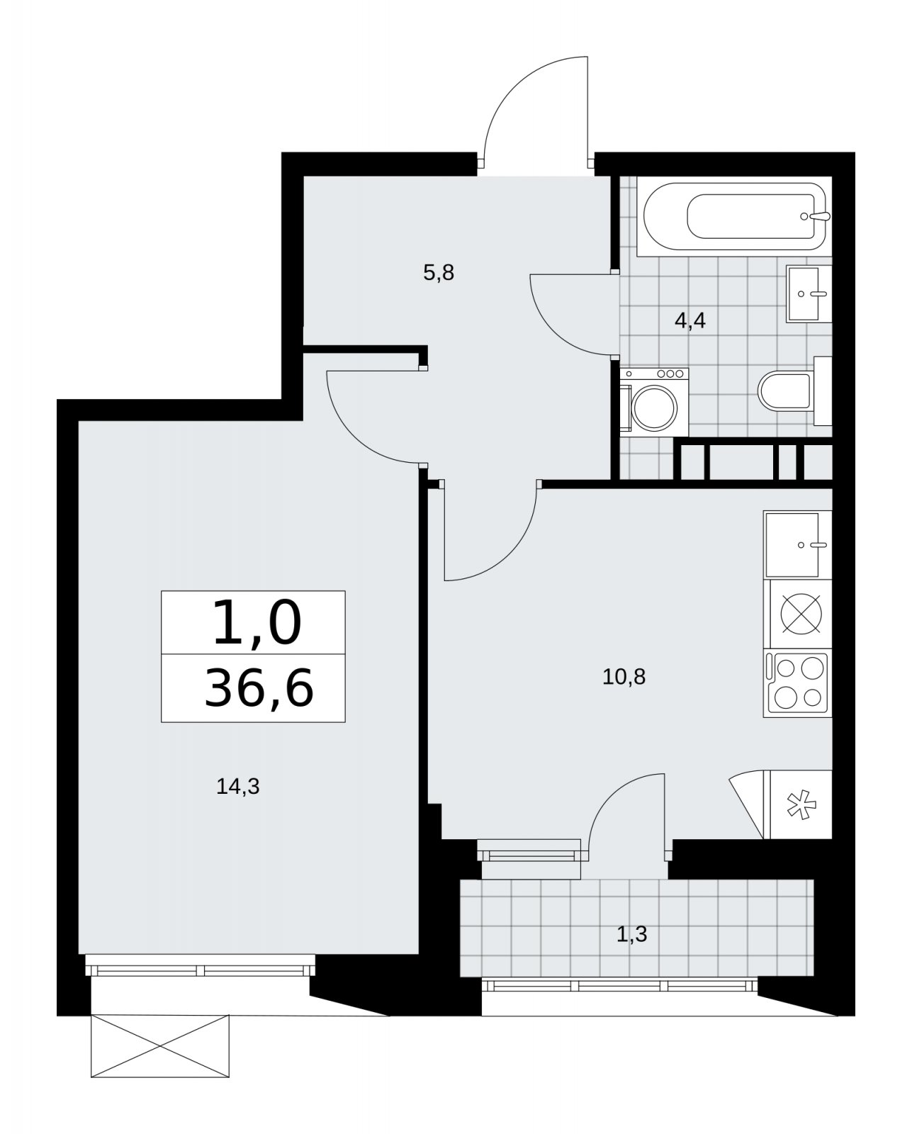 1-комнатная квартира с частичной отделкой, 36.6 м2, 6 этаж, сдача 1 квартал 2026 г., ЖК Бунинские кварталы, корпус 6.2 - объявление 2252590 - фото №1