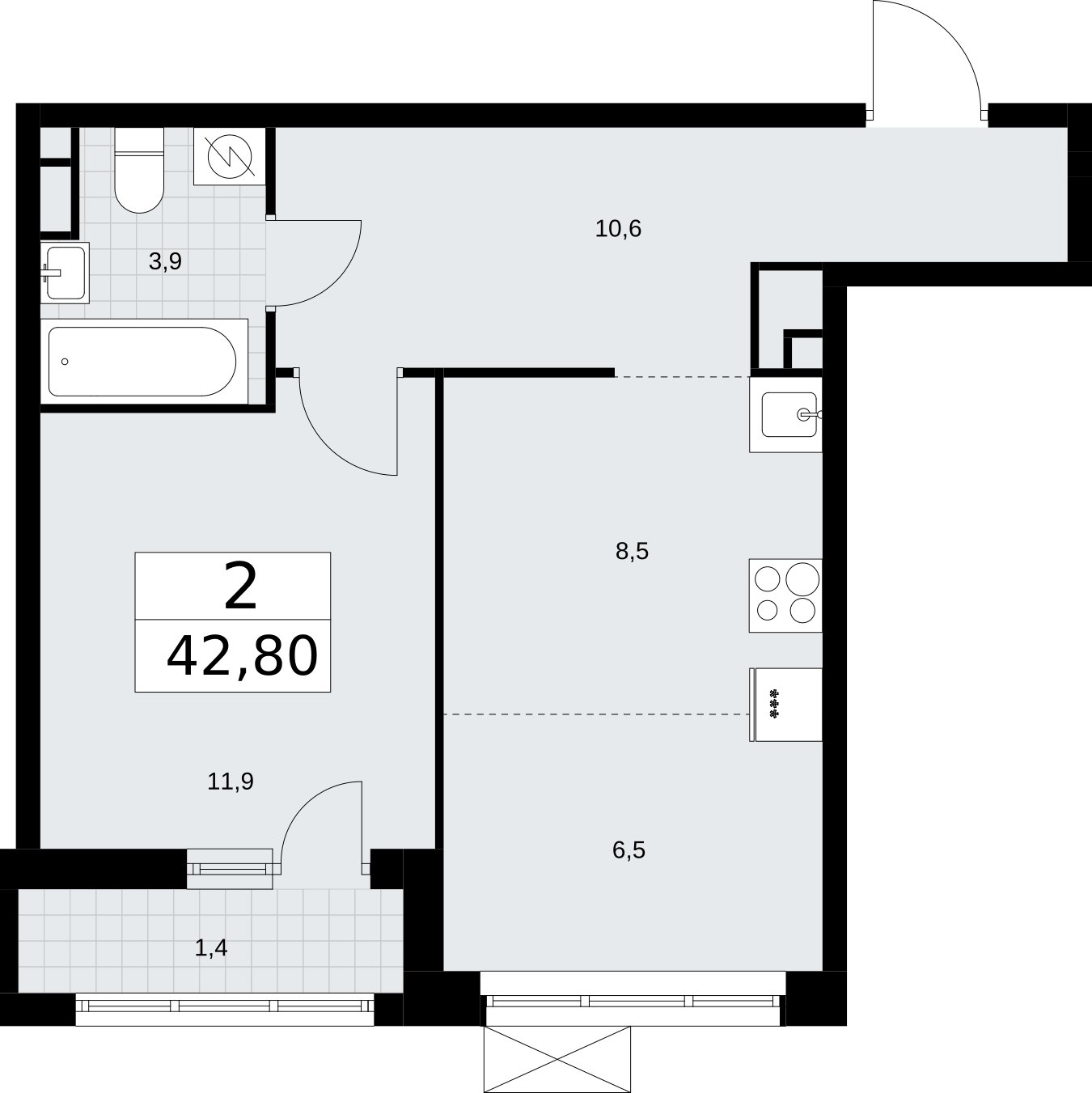 2-комнатная квартира (евро) без отделки, 42.8 м2, 3 этаж, сдача 3 квартал 2026 г., ЖК Родные кварталы, корпус 2 - объявление 2295372 - фото №1