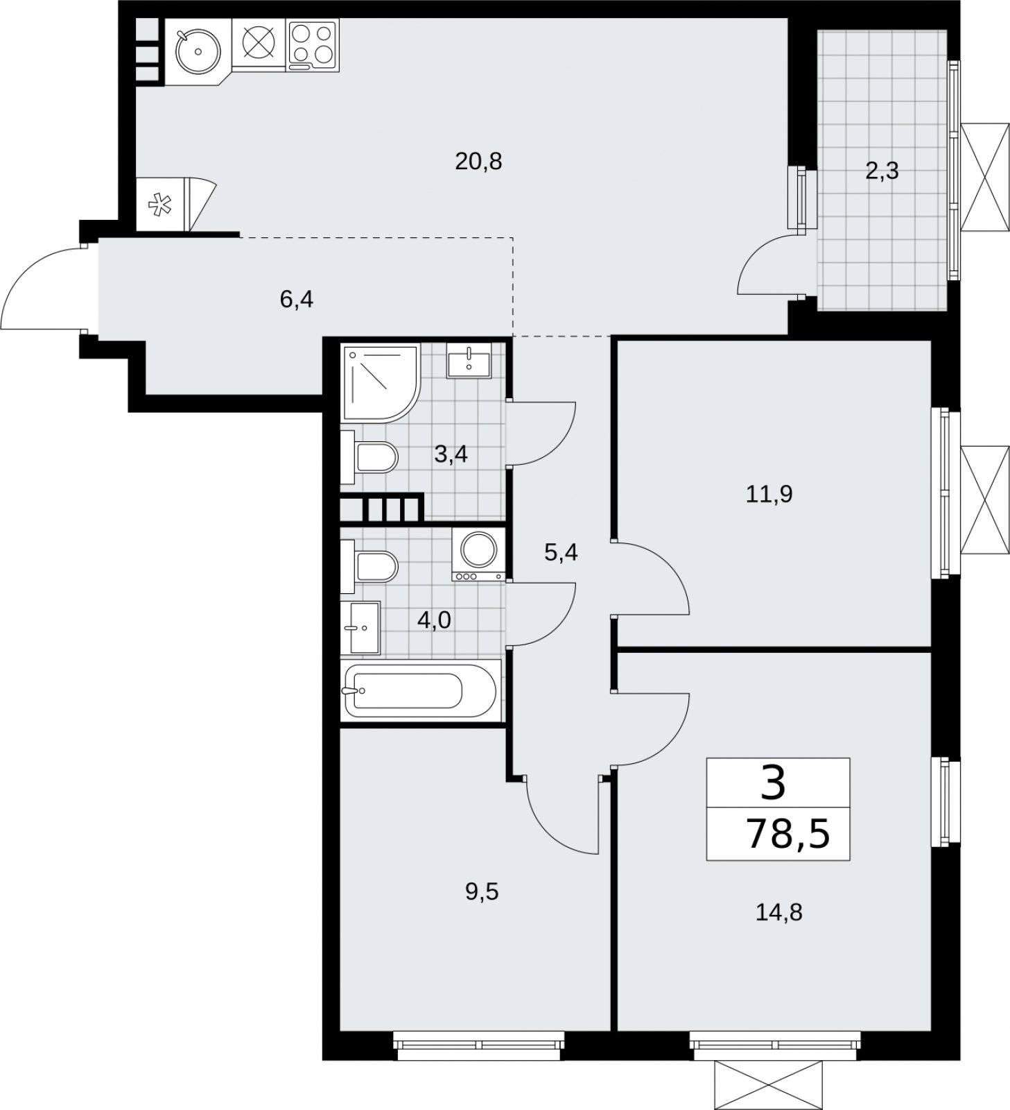3-комнатная квартира без отделки, 78.5 м2, 5 этаж, сдача 2 квартал 2026 г., ЖК Бунинские кварталы, корпус 5.3 - объявление 2297524 - фото №1