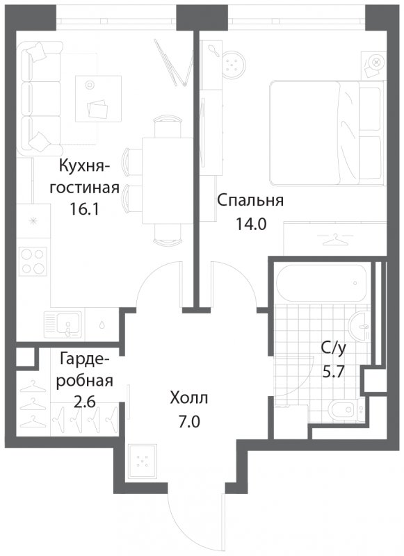 1-комнатная квартира без отделки, 45.4 м2, 14 этаж, сдача 3 квартал 2025 г., ЖК Nagatino i-Land, корпус 2 (3 очередь) - объявление 1787501 - фото №1