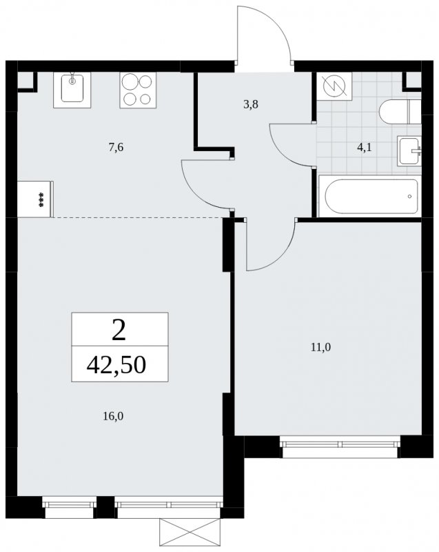 2-комнатная квартира (евро) с частичной отделкой, 42.5 м2, 2 этаж, сдача 3 квартал 2025 г., ЖК Дзен-кварталы, корпус 2.2 - объявление 1932367 - фото №1