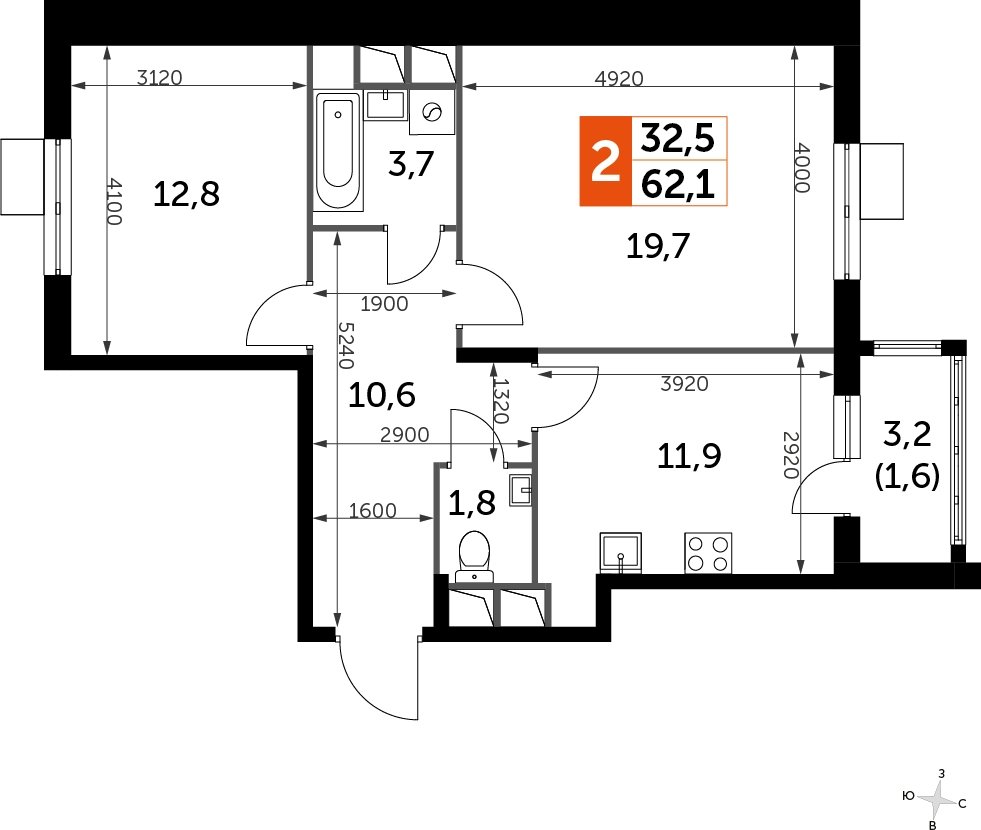 2-комнатная квартира без отделки, 62.1 м2, 8 этаж, дом сдан, ЖК UP-квартал Римский, корпус 7 - объявление 2292618 - фото №1