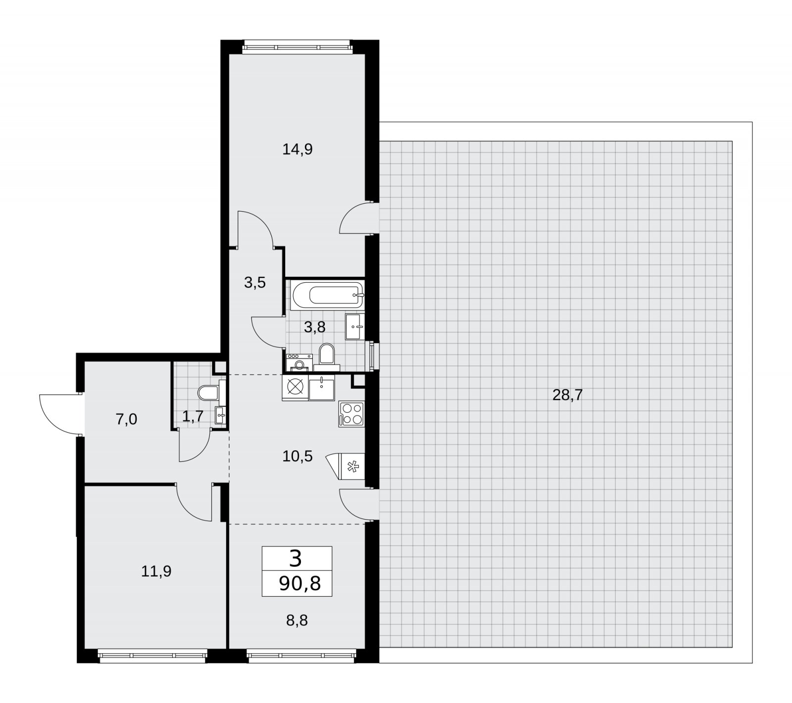 3-комнатная квартира (евро) с полной отделкой, 90.8 м2, 2 этаж, сдача 2 квартал 2026 г., ЖК Деснаречье, корпус 4.8 - объявление 2265263 - фото №1