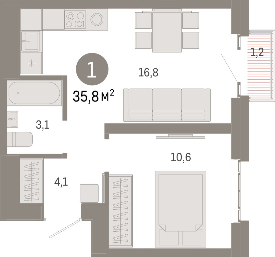 1-комнатная квартира с частичной отделкой, 35.8 м2, 16 этаж, сдача 3 квартал 2026 г., ЖК Квартал Метроном, корпус 1 - объявление 2396828 - фото №1