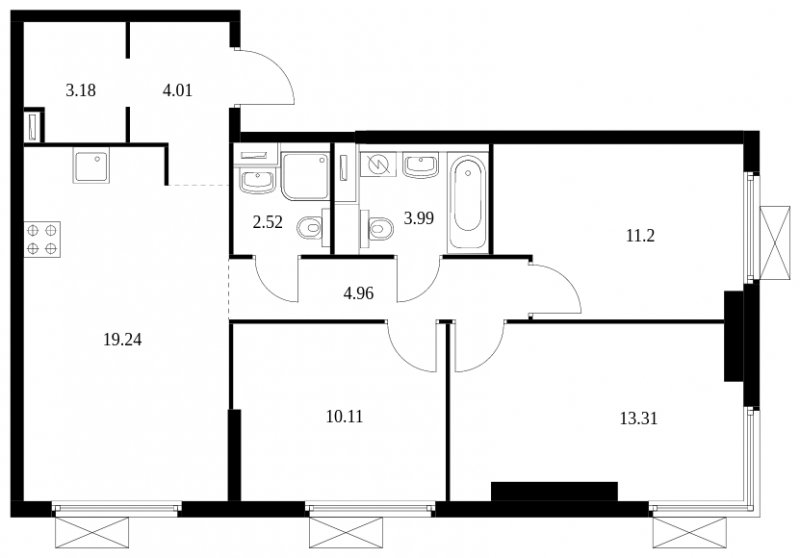 3-комнатная квартира с полной отделкой, 72.52 м2, 17 этаж, сдача 2 квартал 2024 г., ЖК Матвеевский Парк, корпус 1.1 - объявление 1610088 - фото №1
