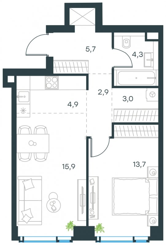 2-комнатная квартира без отделки, 50.4 м2, 2 этаж, сдача 2 квартал 2025 г., ЖК Level Мичуринский, корпус 2 - объявление 1775286 - фото №1