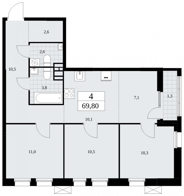 4-комнатная квартира (евро) с частичной отделкой, 69.8 м2, 3 этаж, сдача 3 квартал 2025 г., ЖК Дзен-кварталы, корпус 2.1 - объявление 1932149 - фото №1