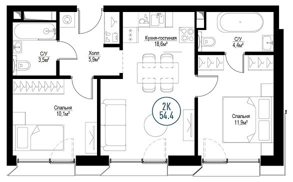 2-комнатная квартира с частичной отделкой, 54.4 м2, 6 этаж, сдача 3 квартал 2024 г., ЖК Метрополия, корпус Amsterdam - объявление 1786519 - фото №1