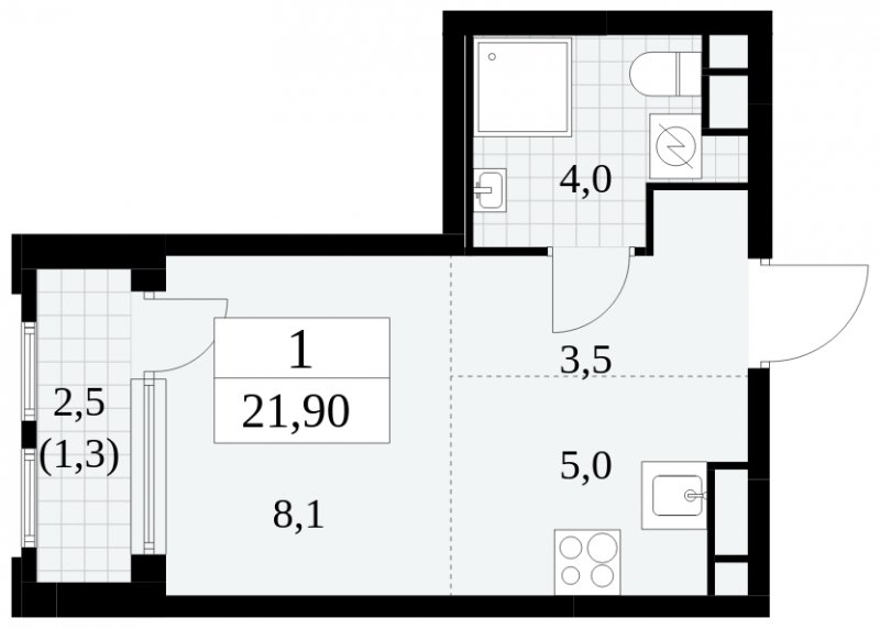 Студия с частичной отделкой, 21.9 м2, 16 этаж, сдача 2 квартал 2025 г., ЖК Южные сады, корпус 2.1 - объявление 1760015 - фото №1