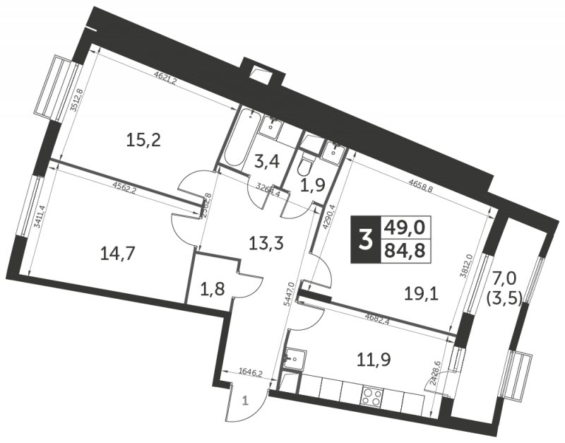 3-комнатная квартира с полной отделкой, 84.8 м2, 1 этаж, сдача 3 квартал 2023 г., ЖК UP-квартал Римский, корпус 7 - объявление 1331375 - фото №1