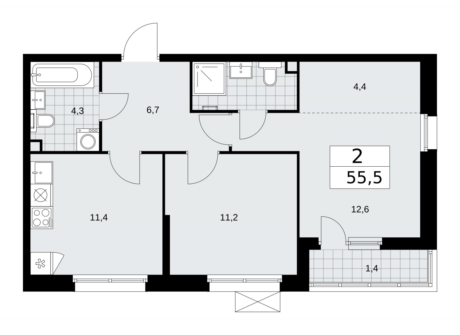 2-комнатная квартира без отделки, 55.5 м2, 2 этаж, сдача 2 квартал 2026 г., ЖК Скандинавия, корпус 25.5 - объявление 2283762 - фото №1