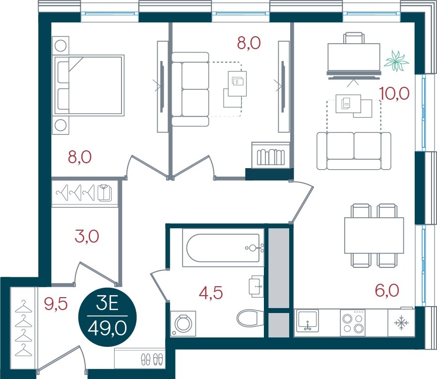 3-комнатная квартира без отделки, 49 м2, 20 этаж, дом сдан, ЖК РУСИЧ Новые Котельники, корпус 3 - объявление 2433706 - фото №1