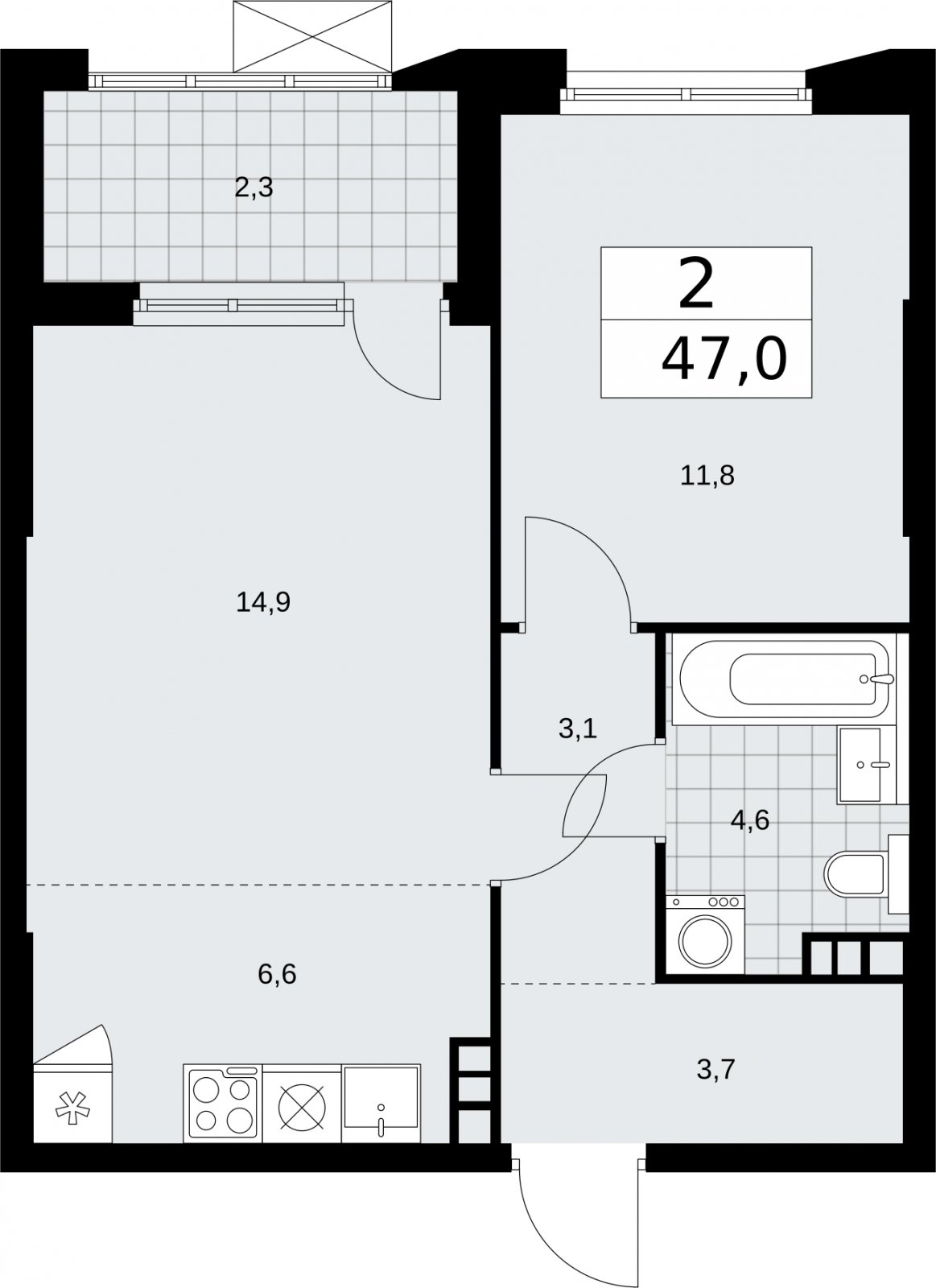 2-комнатная квартира (евро) без отделки, 47 м2, 4 этаж, сдача 2 квартал 2026 г., ЖК Бунинские кварталы, корпус 5.2 - объявление 2297327 - фото №1