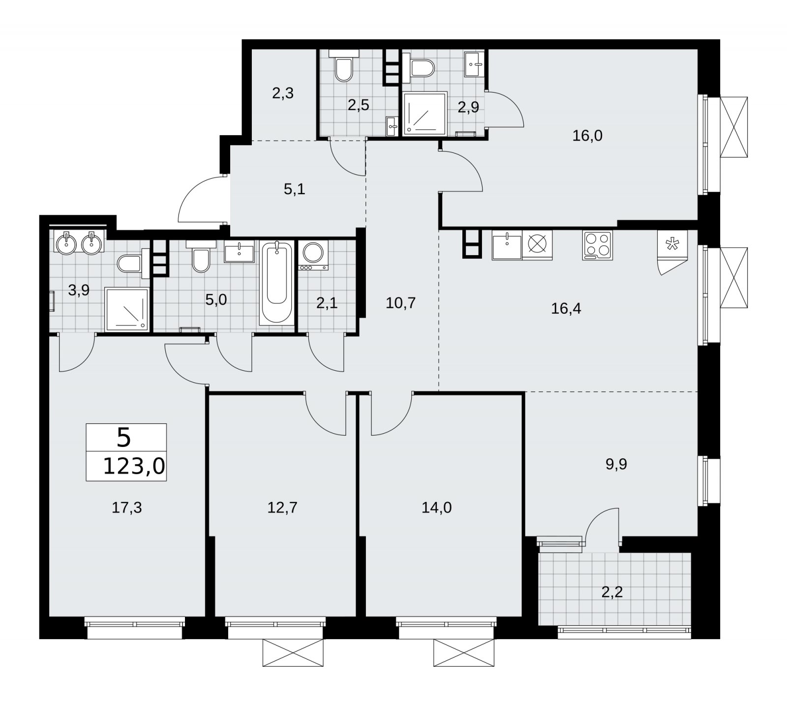 5-комнатная квартира (евро) без отделки, 123 м2, 3 этаж, сдача 2 квартал 2026 г., ЖК Скандинавия, корпус 25.7 - объявление 2284342 - фото №1
