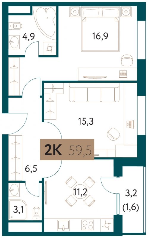 2-комнатная квартира 59.5 м2, 15 этаж, сдача 4 квартал 2022 г., ЖК Настоящее, корпус 1 - объявление 1752055 - фото №1