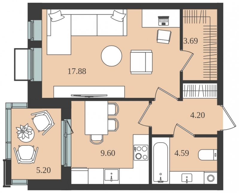 1-комнатная квартира без отделки, 42.56 м2, 2 этаж, сдача 1 квартал 2024 г., ЖК Мишино-2, корпус 7 - объявление 1812146 - фото №1
