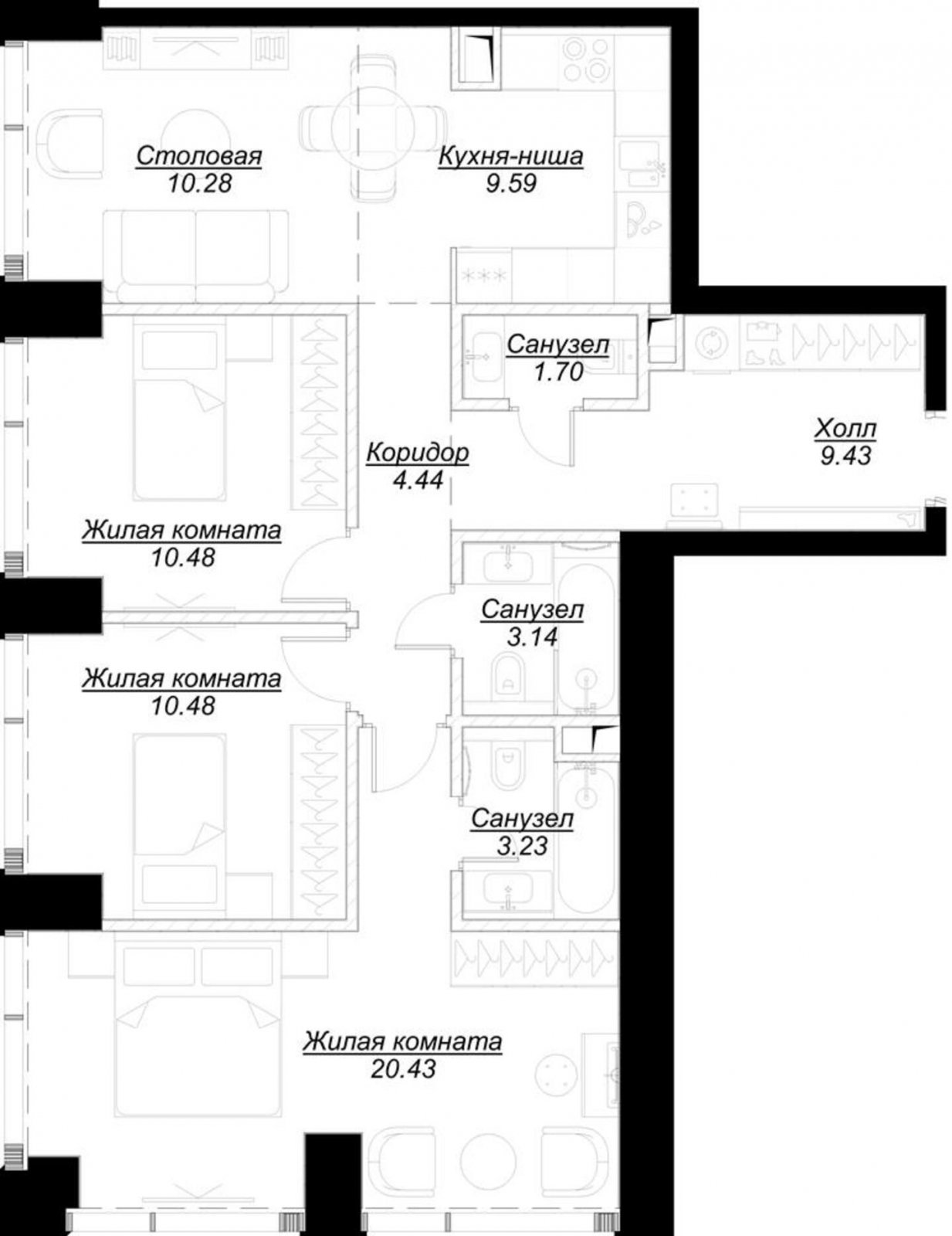 3-комнатная квартира с частичной отделкой, 82.97 м2, 2 этаж, сдача 4 квартал 2024 г., ЖК MOD, корпус Dreiser - объявление 2191616 - фото №1